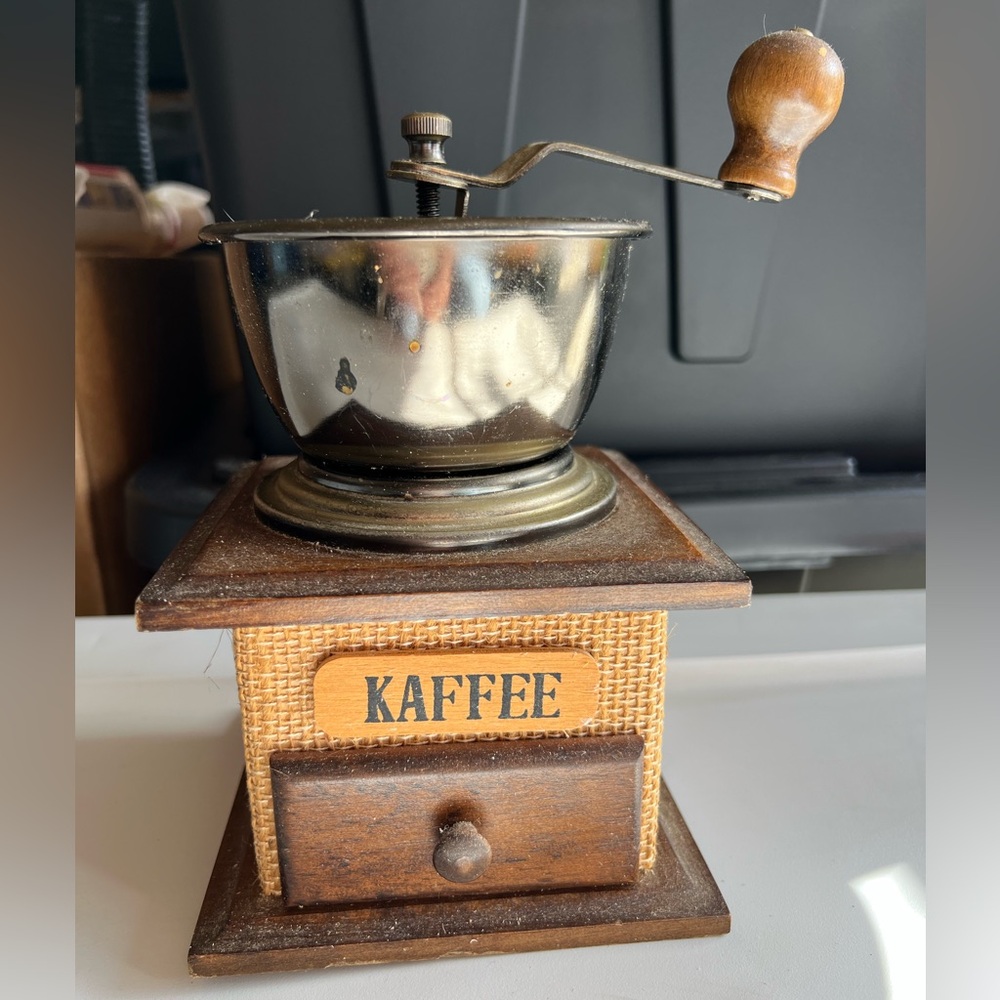 Vintage Wooden Coffee Grinder with Metal Bowl